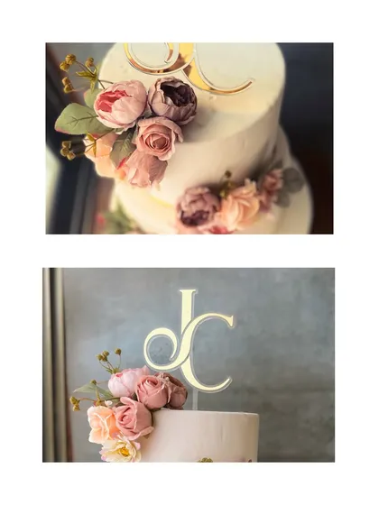 A collage presenting different angles of the floral wedding cake, highlighting its flawless finish and beautiful composition.