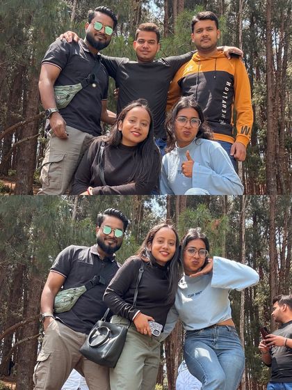 Friends posing for a fun picture in the middle of the tall pine forests in Ooty. The natural backdrop is perfect for creative photos.