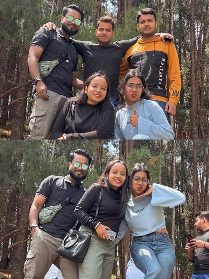 Friends posing for a fun picture in the middle of the tall pine forests in Ooty. The natural backdrop is perfect for creative photos.