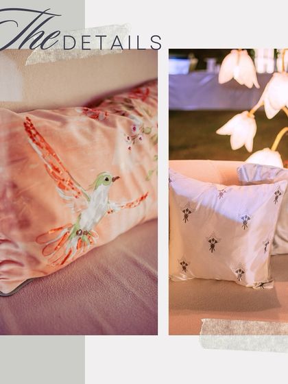 A collage of "The Details," highlighting the custom-printed cushions that added a touch of personality to the lounge seating.