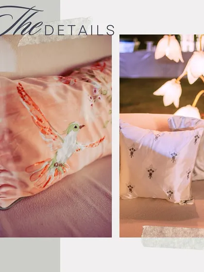 A collage of "The Details," highlighting the custom-printed cushions that added a touch of personality to the lounge seating.