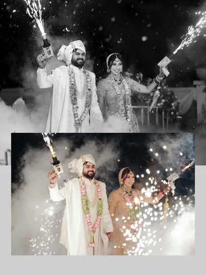 A fun and celebratory collage of the couple making their entrance with sparkling cold-pyro guns, captured in both color and black-and-white.