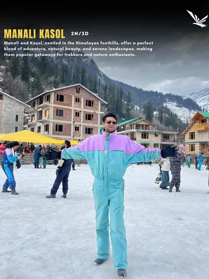 A traveler enjoying the snow in Manali. Our winter trips cover popular destinations like Manali and Kasol, perfect for a fun-filled getaway.