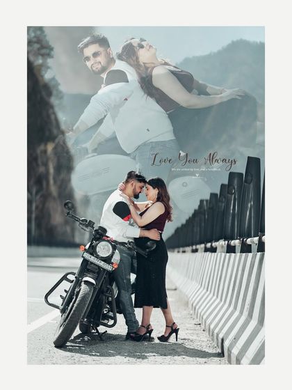 This composite image layers a romantic portrait over a full shot of the couple with their bike, creating a beautiful, storytelling effect for their album.