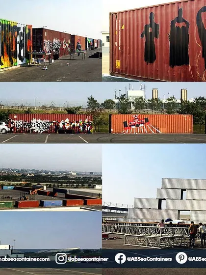 This collage documents the process of creating a large-scale event installation, from painting graffiti art on the containers to stacking them into a massive structure for a go-karting event.