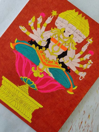 The Gayatri Devi painting with the base colors blocked in. The vibrant orange, pink, and teal create a beautiful, harmonious palette.