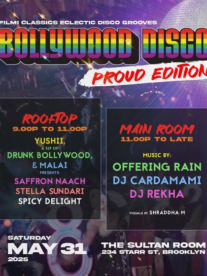 The full lineup for our biggest Bollywood Disco: Proud Edition. I produce multi-stage events with a diverse range of queer talent, from rooftop DJs to main room drag shows.