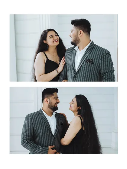 A collage of classic and elegant portraits from a studio pre-wedding shoot. The clean, white background puts all the focus on the couple's expressions and their happy connection.