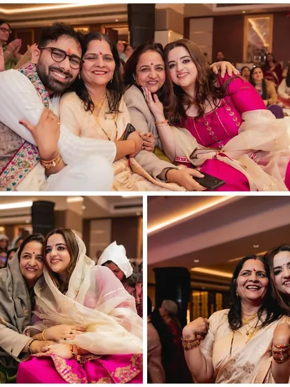 The bride surrounded by the love of her family. This collage from the Mata ki Chowki captures beautiful, candid moments with her mother and other close relatives.