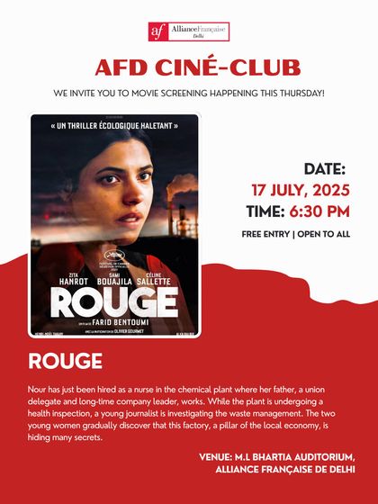 The poster for the French thriller "Rouge." Our Ciné-Club offers a variety of genres, including tense ecological thrillers that delve into corporate secrets and social responsibility.