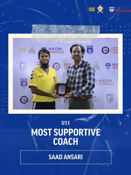 Recognizing coaching excellence. Coach Saad Ansari receives the 'Most Supportive Coach' award for the U11 category at our internal Champions League.