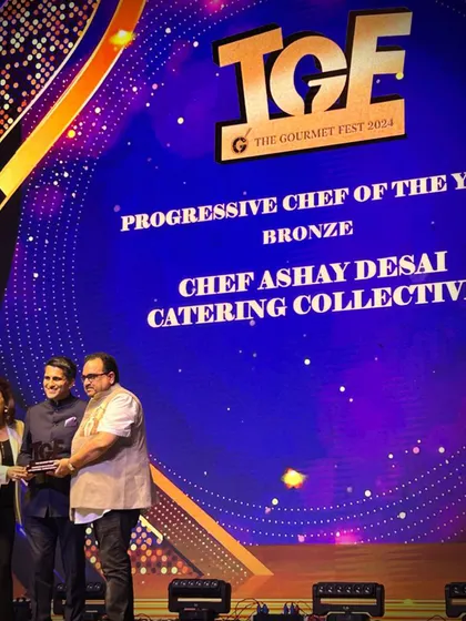 Our Culinary Director Ashay Desai receiving the "Progressive Chef of the Year" award at The Gourmet Fest 2024. This award celebrates his forward thinking approach to cuisine.