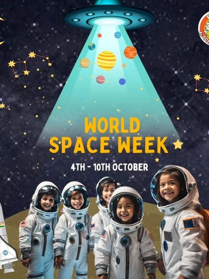 A poster celebrating World Space Week, encouraging kids to explore the cosmos and dream of becoming astronauts.
