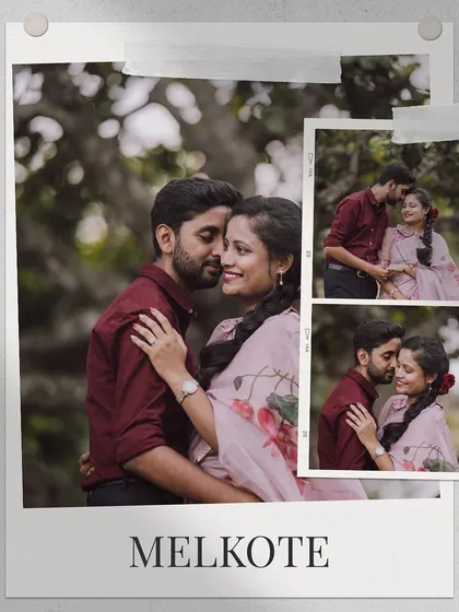 A creative collage of a couple's vintage-themed pre-wedding shoot, presented as polaroid pictures.