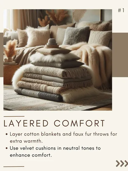 Layered comfort is key for a cozy space. This sofa is styled with a mix of cotton blankets and faux fur throws, along with plush velvet cushions in neutral tones for ultimate comfort.