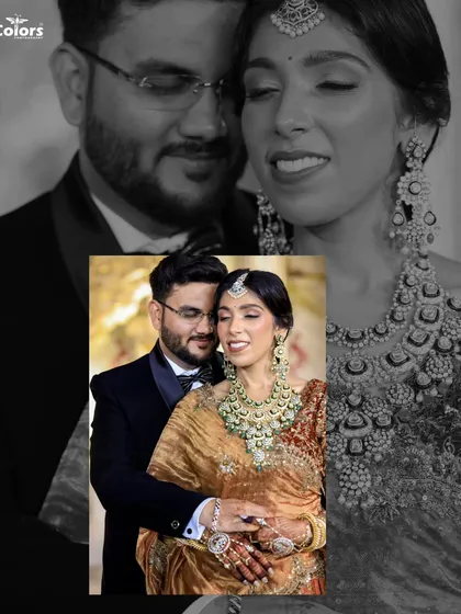 An intimate black and white portrait with a color inset, focusing on the couple's quiet connection amidst the grand celebration.