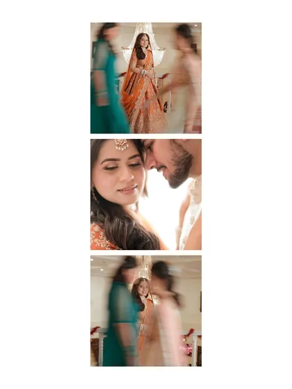 Love in motion. This artistic collage uses motion blur to create a dreamy, ethereal feeling, focusing on the intimate connection and glances shared between the bride and groom on their special day.