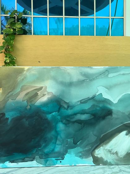 The 8ft x 4ft teal fluid abstract painting in my studio.