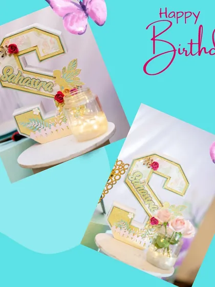 A collage showing the custom 'Sahasra' name sign, a perfect detail for a magical fairy-themed birthday party.