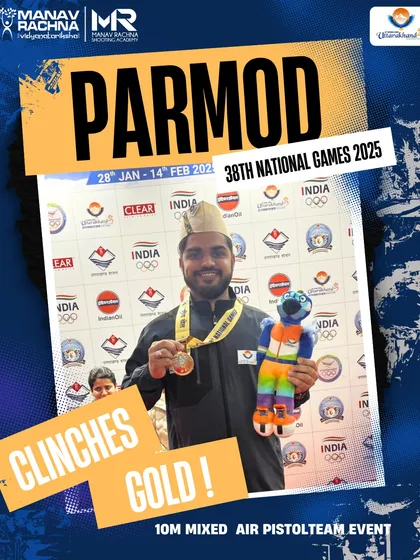 Our shooter Parmod celebrates his Gold Medal win in the 10m Mixed Air Pistol Team Event at the 38th National Games in Uttarakhand, a proud moment for our academy.