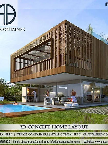 This 3D concept shows a luxurious container home complete with a swimming pool and outdoor entertainment area. We can design and build high-end residences with premium finishes and amenities.
