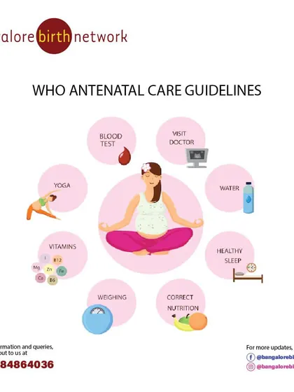 We follow WHO antenatal care guidelines, which recommend regular health provider contacts, iron and folic acid supplementation, tetanus vaccination, and counseling on healthy eating and physical activity.