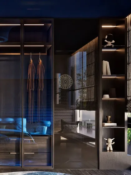 A render of a guest room's walk-in closet with mirrored shutters to make the space feel larger. The design includes open shelving and integrated lighting for a modern, luxurious feel.