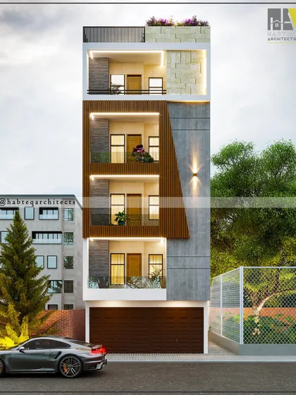 A proposed elevation for a residential project in Sainik Nagar, New Delhi. This design features an asymmetrical composition with angled wood-textured panels and natural stone cladding on the top floor.