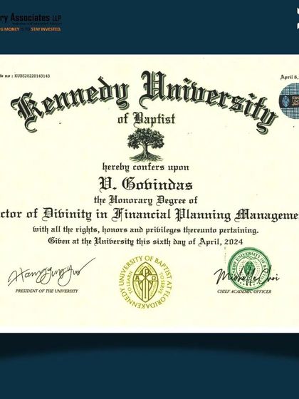 This Honorary Doctorate in Financial Planning Management from Kennedy University is a significant milestone in my career, reflecting three decades of commitment to my clients' financial well-being.