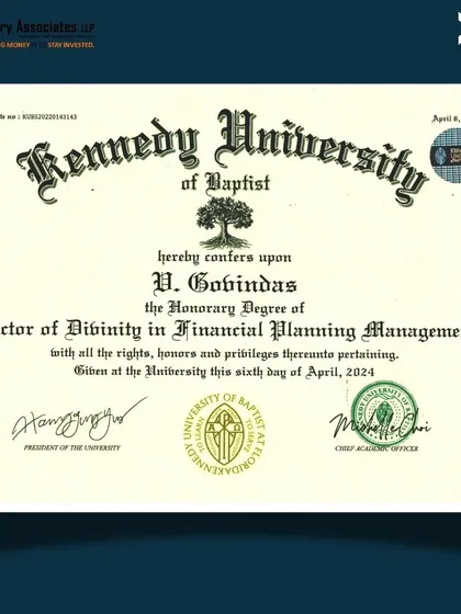 The certificate of my Honorary Doctorate. This formal recognition validates my lifelong work in the field of financial planning and management.