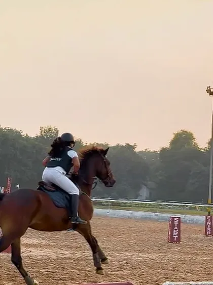 The moment after a successful jump, horse and rider are already preparing for the next challenge on the course.