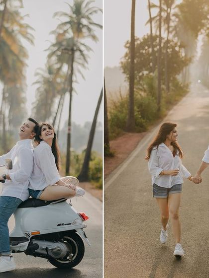 Playful moments on a scooter ride through Goa's palm-lined roads. This captures the fun and carefree vibe of a destination pre-wedding shoot.