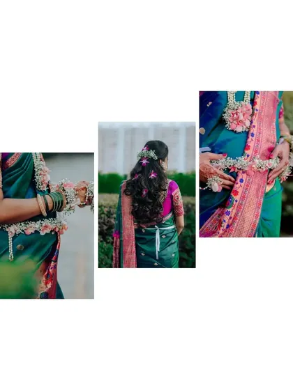 A detailed collage focusing on the back of the mother-to-be's hairstyle and the delicate floral jewellery worn for her baby shower.