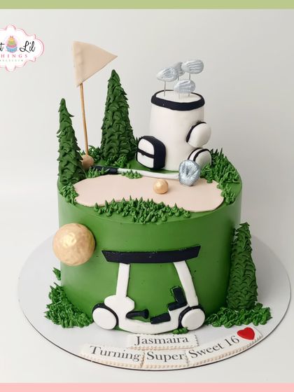 A hole-in-one celebration for a "Super Sweet 16." This golf-themed cake features a green, sand trap, golf cart, and clubs, all crafted from fondant.