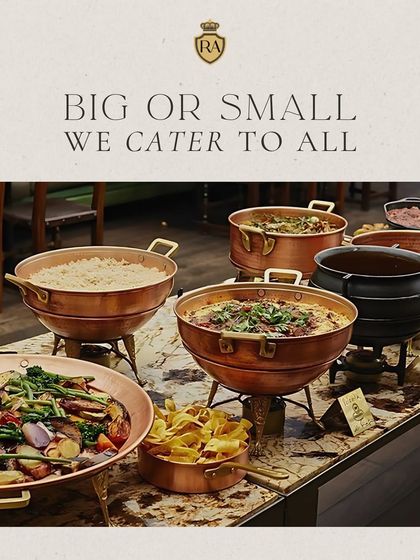 Big or small, I cater to all. This image displays a variety of dishes in my signature copper and brass serveware, showing my capability to handle events of any size while maintaining a high standard of presentation.