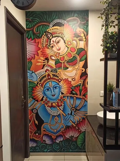 For this home, I installed a vibrant and detailed Radha Krishna mural in the traditional Kerala style. It serves as a beautiful spiritual focal point, bringing color, culture, and a sense of devotion to the space.
