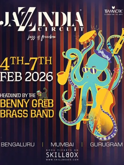 The poster for the Jazz India Circuit, headlined by the Benny Greb Brass Band, with a funky octopus mascot.