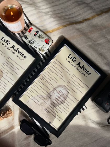 A top-down view of two different "Life Advice" frames, showing how they can be displayed together. These pieces are fully customizable, so you can pick the lyrics and artist that mean the most to you.