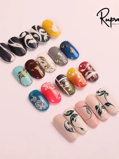 A collection of various complex swirl designs, showcasing different color combinations and techniques.