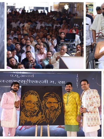 More moments from the Mahudi Tirth festival. This collage shows me presenting a glitter portrait of two revered gurus to the esteemed audience.