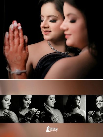 A collage focusing on the bride's beauty and elegance, with multiple portraits capturing her reflective and happy moments.