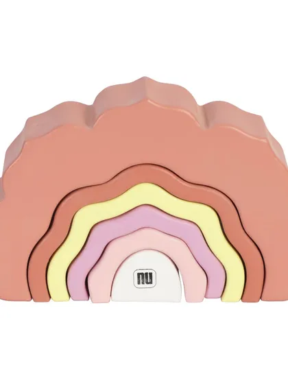 A wooden arch stacker toy in a rose color palette, assembled in a rainbow shape.