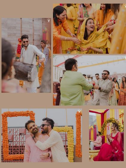 A collage of candid moments from the haldi and mehendi ceremonies. From the dhol player's energy to the laughter of the bride and groom, these shots are full of life.