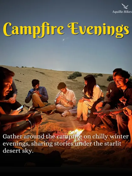Campfire evenings in the Jaisalmer desert. We gather around the fire on chilly nights, sharing stories under the starlit sky.