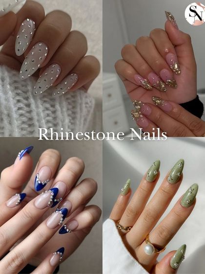 Rhinestone nails are a great way to add sparkle and glamour to your look. This collage shows different ways to incorporate rhinestones, from subtle accents to fully studded designs.