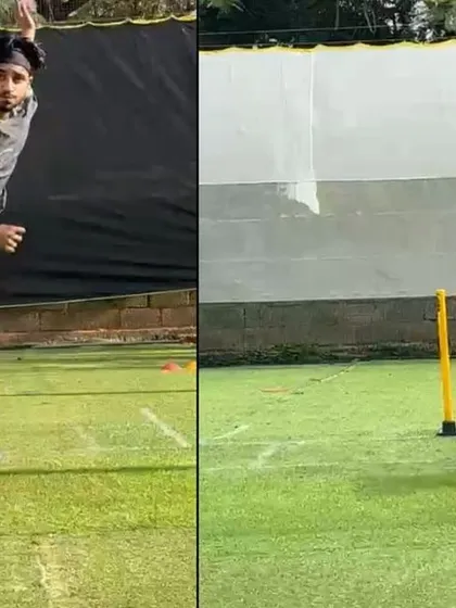 A clear comparison of the stride alignment. The 'after' shot shows a textbook example of a well-aligned front foot landing for a leg-spinner.