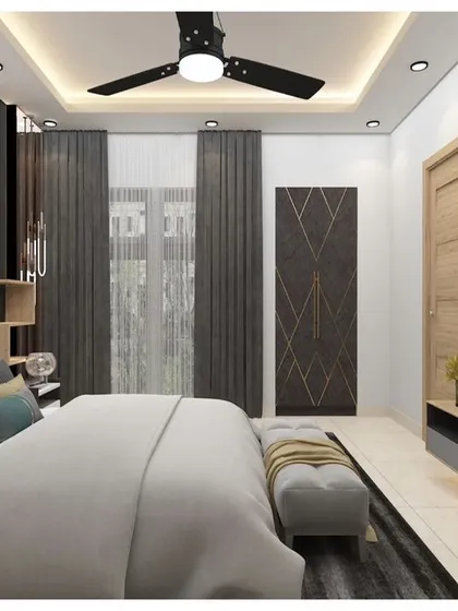 This 3D render shows a modern bedroom with a grey upholstered bed and a TV unit with open shelving. The design is functional and stylish, perfect for a contemporary home.