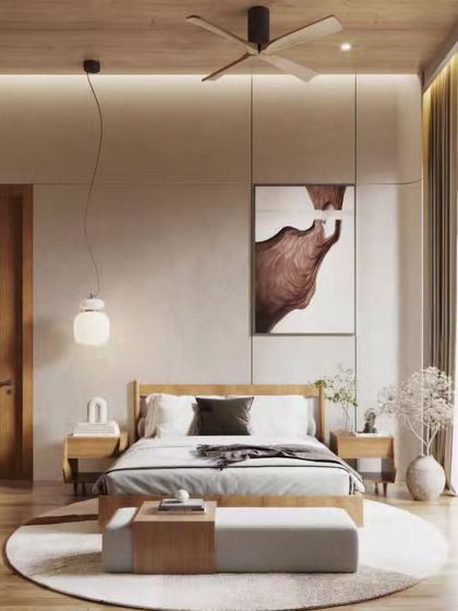 This bedroom project features a warm, minimalist design with natural wood tones and a focus on functionality. The renders highlight the clean lines of the furniture, a stylish bookshelf, and a calm, uncluttered aesthetic.