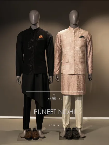 Here I present a black glossy jacket with an asymmetrical tunic and a pastel abstract pattern jacket with a kurta. These pieces showcase elegance and modernity.