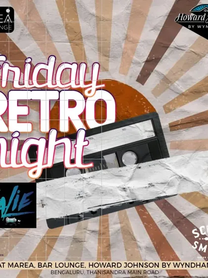 Poster for a Friday Retro Night at a classy cocktail bar. Perfect for a chill start to the weekend.